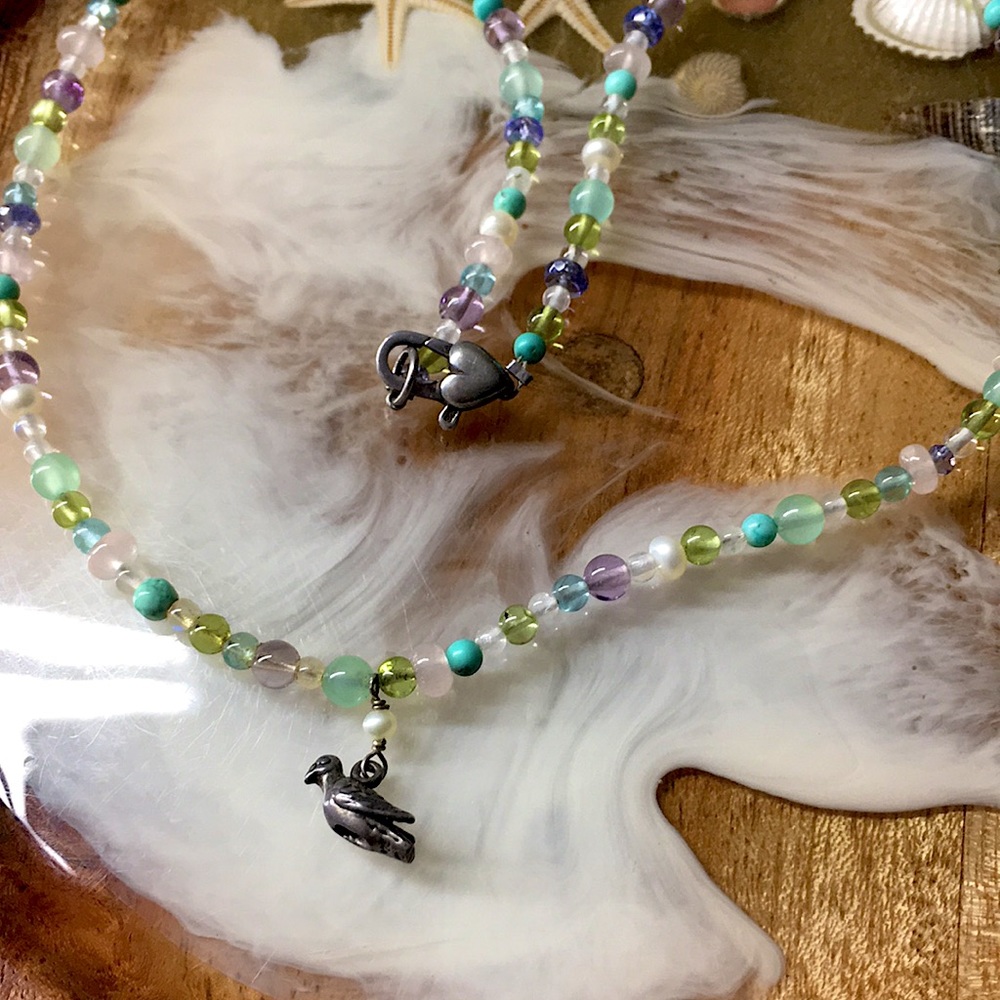 Sterling Silver Bird Multiple Gemstone Beaded Cho… - image 1